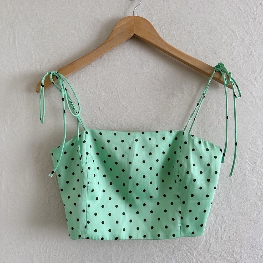 ⚡️10$ sale⚡️ Zara Mint Green And Black Polka Dot Tie Strap Cropped Cami Size M